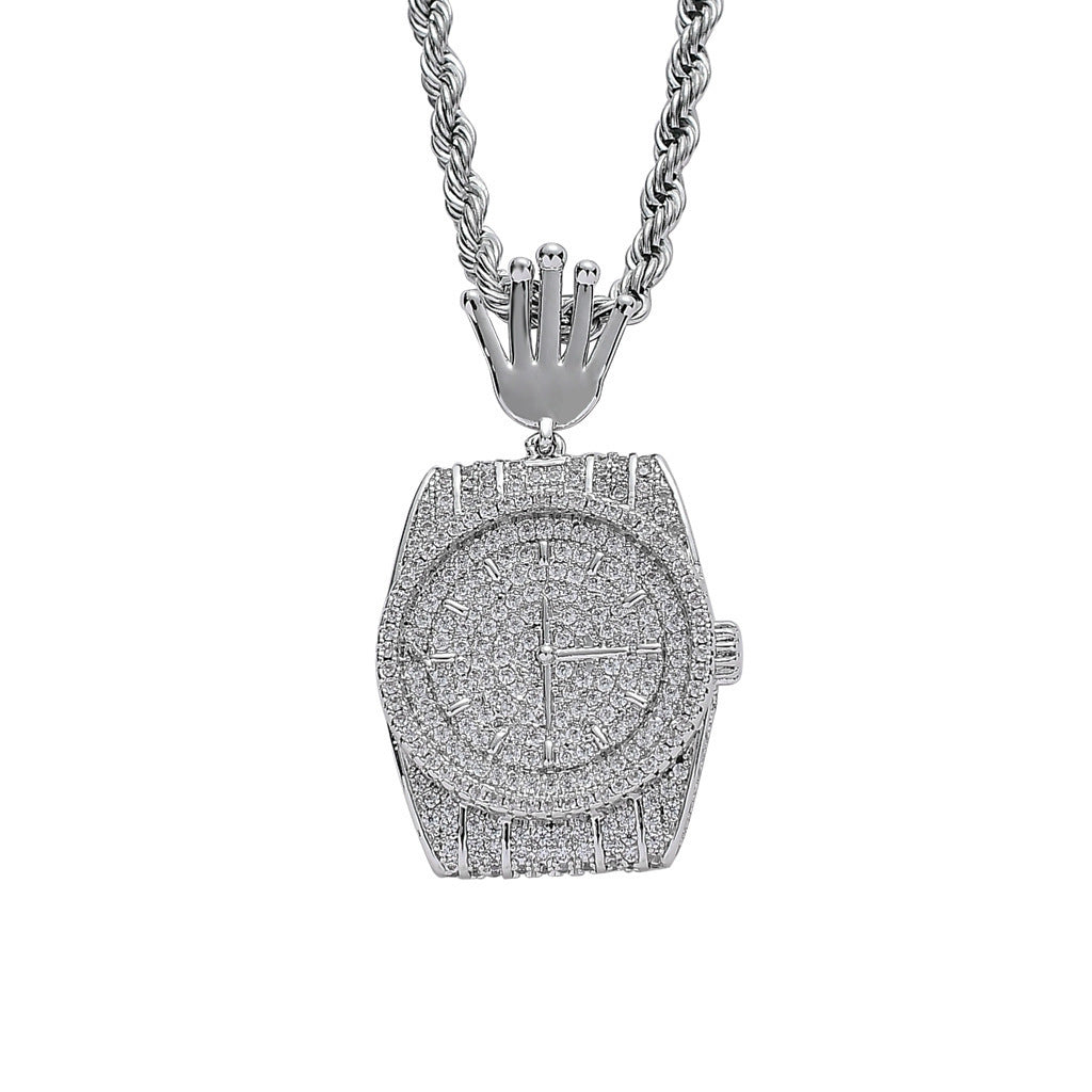 Hip Hop Crown Cubic Zirconia Pendant Necklace for Men and Women