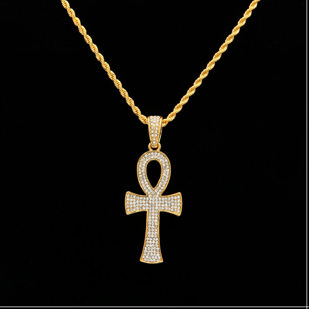 Gold Plated Ankh Pendant Necklace with Crystal Pavé Rope Chain for Women and Men
