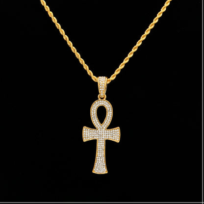 Gold Plated Ankh Pendant Necklace with Crystal Pavé Rope Chain for Women and Men
