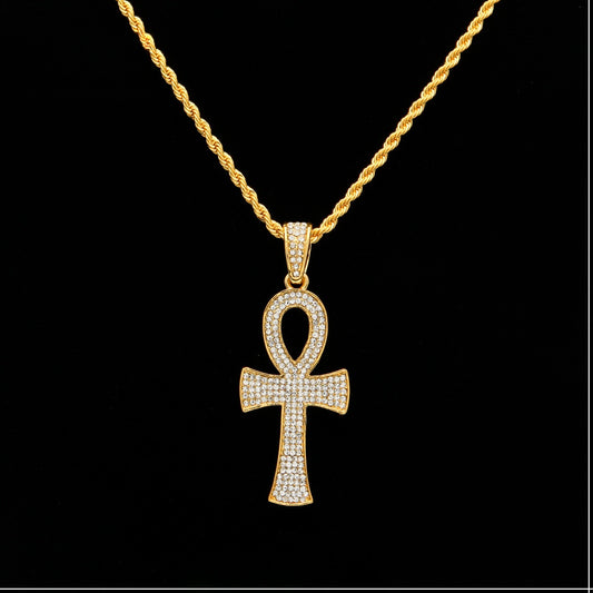 Gold Plated Ankh Pendant Necklace with Crystal Pavé Rope Chain for Women and Men