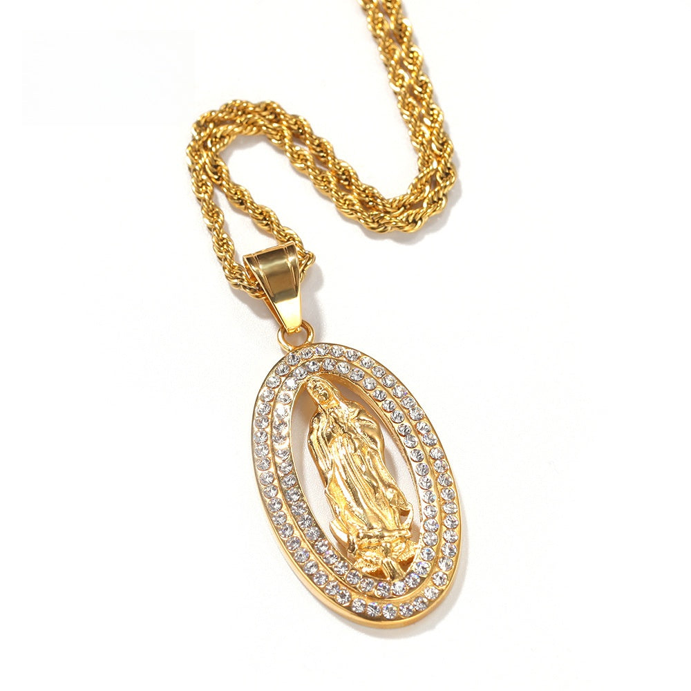 Gold Stainless Steel Virgin Mary Pendant Necklace with Cubic Zirconia Iced Out Rope or Cuban Chain
