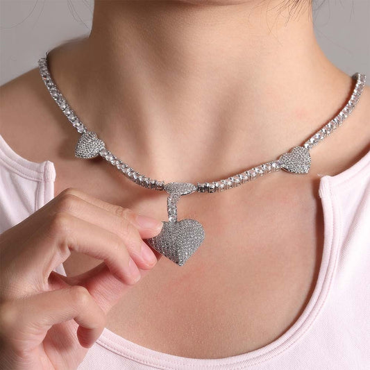 Iced Out Heart Pendant Tennis Chain Necklace for Women & Men - Cubic Zirconia Statement Chain in Gold or Silver, 16/18/20 Inch