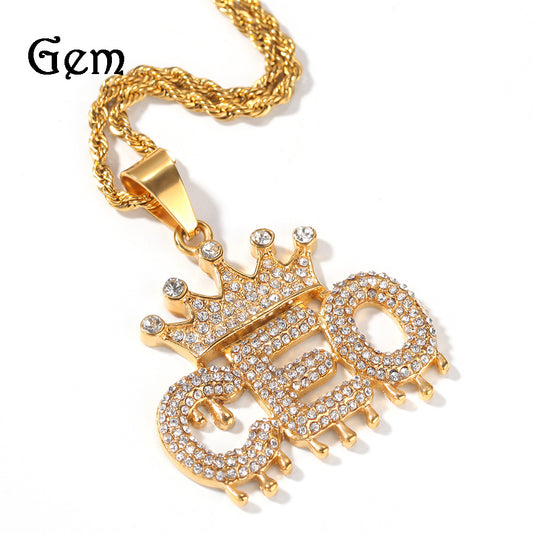 Gold Plated Stainless Steel CEO Letter Crown Pendant Necklace with Cuban or Rope Chain