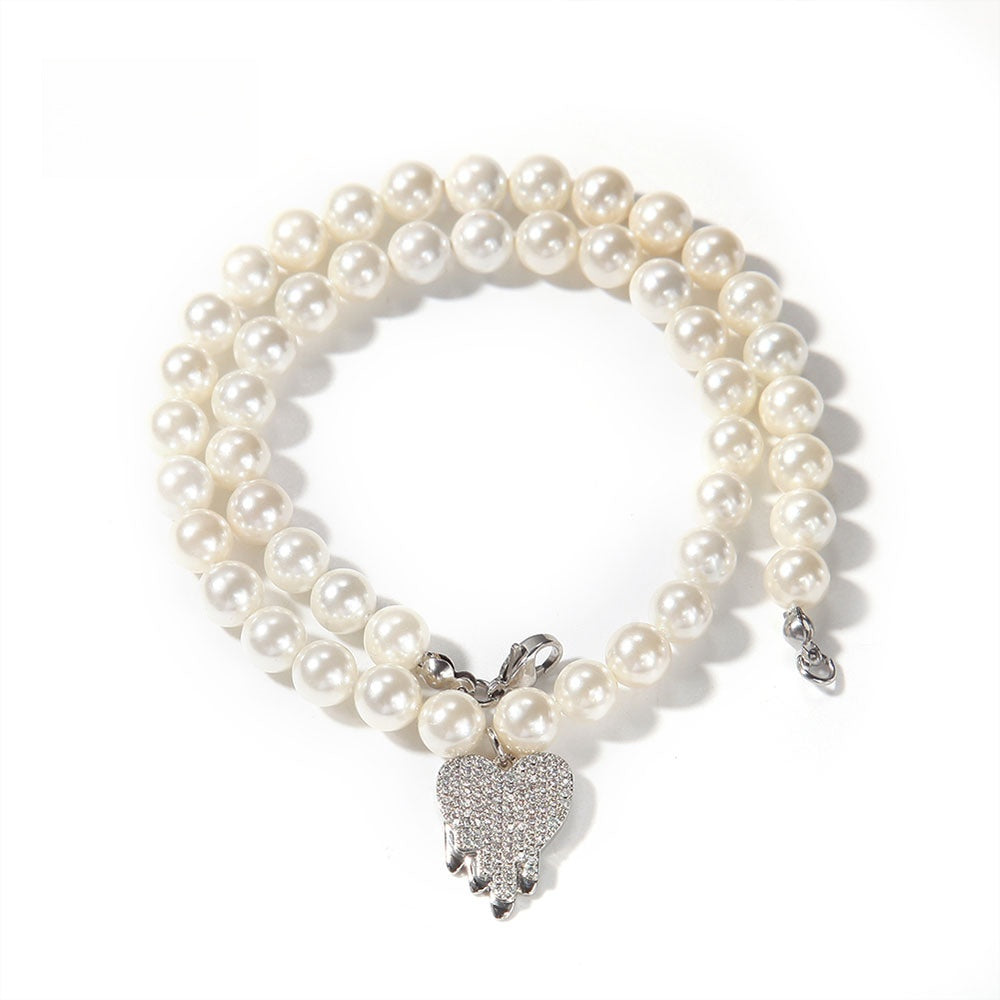 Unisex Pearl Chain Necklace with Cubic Zirconia Heart Pendant - Trendy Statement Pearl Necklace