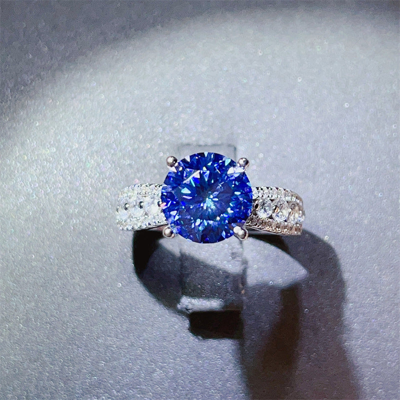 Blue Moissanite Ring for Women, Round Halo-Style Engagement Ring, 2 Carat or 3 Carat Pavé Band product image