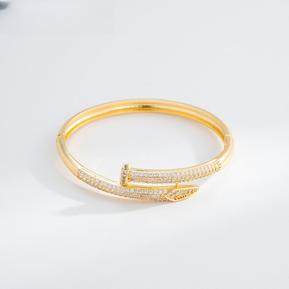 Minimalist Nail Bangle Bracelet for Women – Gold Plated Copper Bracelet with Crystal Pavé