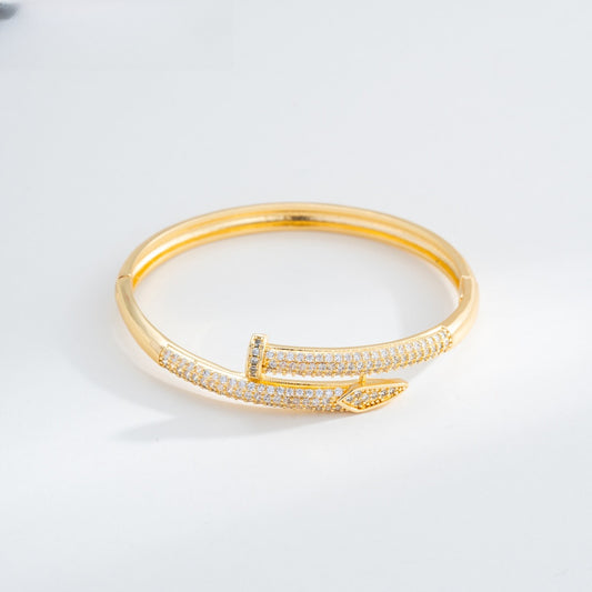 Minimalist Nail Bangle Bracelet for Women – Gold Plated Copper Bracelet with Crystal Pavé