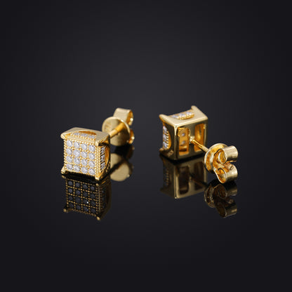 Vintage Hip Hop Crown Square Moissanite Stud Earrings in 925 Silver for Men and Women