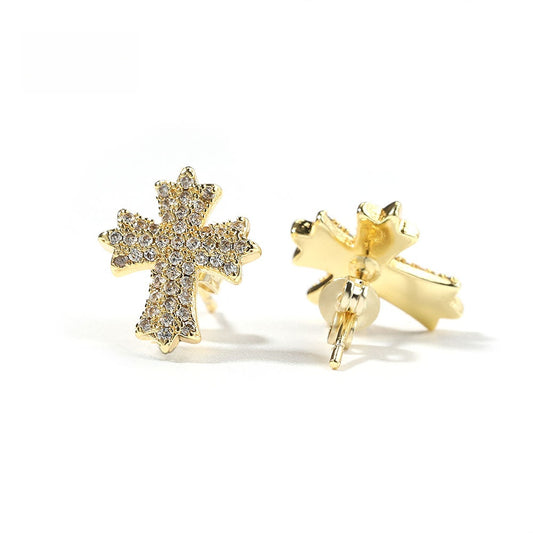 Gold Plated Cross Stud Earrings with Cubic Zirconia for Women & Men