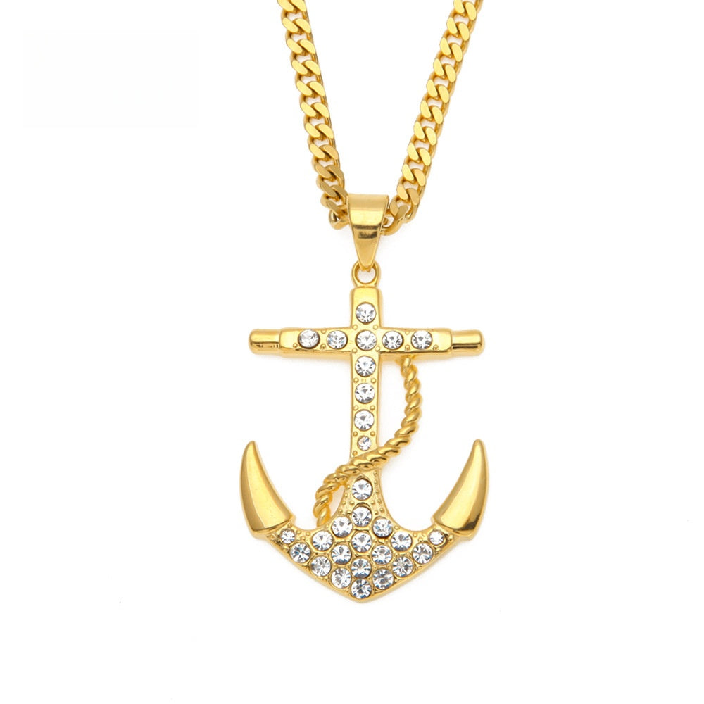 Gold Stainless Steel Anchor Pendant Necklace with Diamond-Look Stones - 5mm Cuban Chain Hip Hop Statement Jewelry for Women and Men