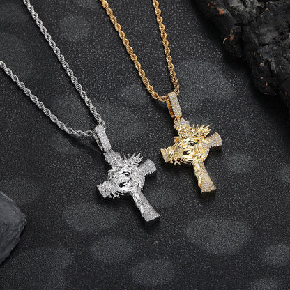 Crown of Thorns Cross Pendant Rope Chain Necklace for Men, Iced-Out Hip Hop Copper Jewelry