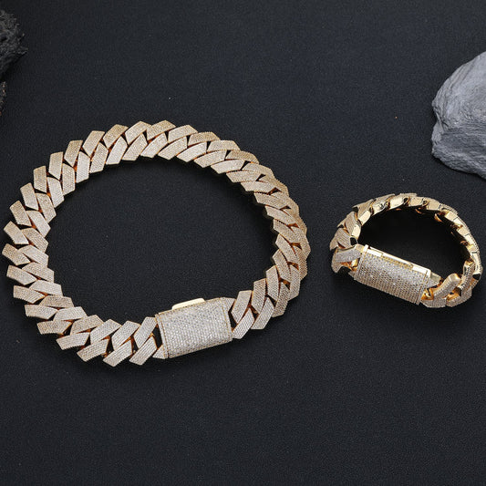 25mm Iced Cuban Link Chain Bracelet & Necklace Set, Geometric Zirconia Unisex Jewelry