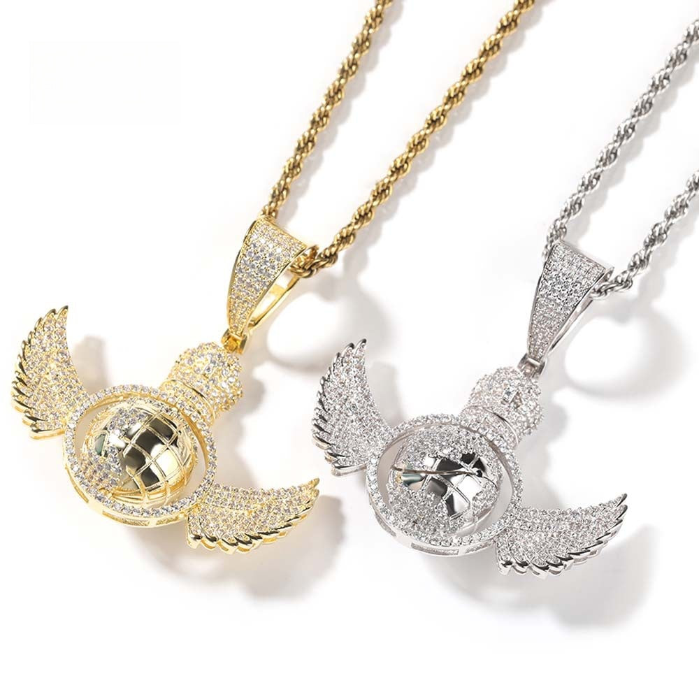 Iced Wing Globe Pendant Necklace with Cubic Zirconia Twisted Chain for Women and Men