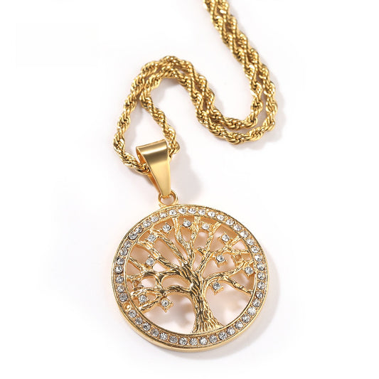 Gold Plated Stainless Steel Tree of Life Pendant Necklace with Crystal Accents Unisex Statement Chain