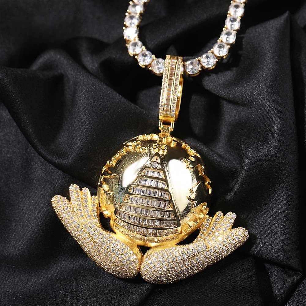 Iced Planet Globe Pendant Necklace with Cubic Zirconia 24 Inch Twist Chain for Women & Men product image