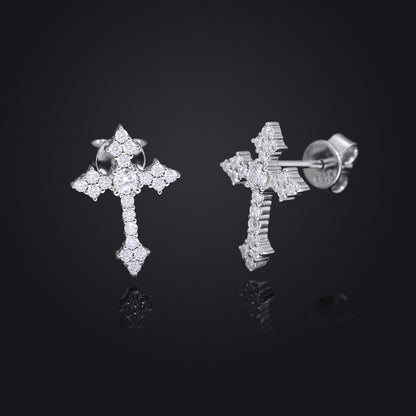 Cross Stud Earrings with Clear Stone Cluster Design