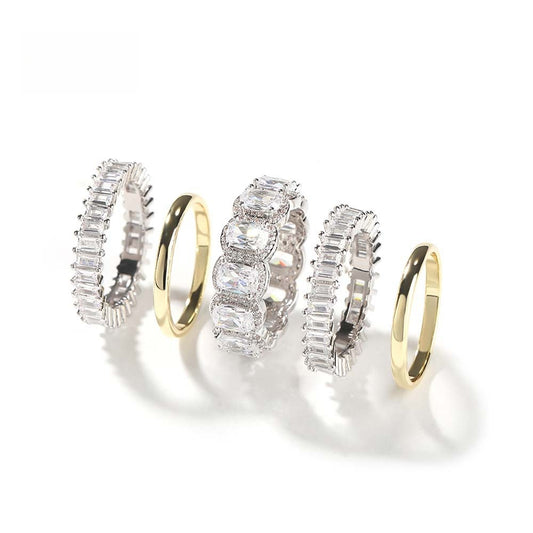 Men’s 5-Piece Statement Ring Set with Cubic Zirconia, Gold Plated & Silver Tone Stackable Band Rings