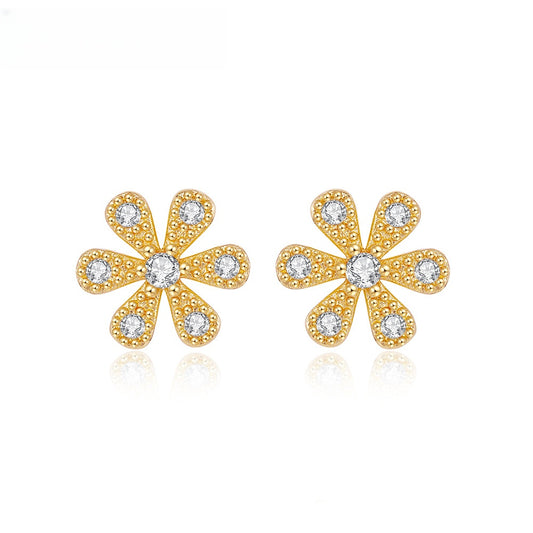 Gold Plated Floral Stud Earrings for Women with Crystal Accents – Dainty Elegant Statement Jewelry