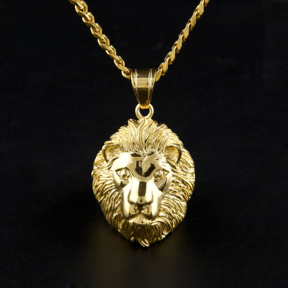 Gold Plated Stainless Steel Lion Head Pendant Necklace with 5mm Cuban Chain