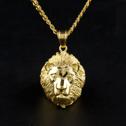 Gold Plated Stainless Steel Lion Head Pendant Necklace with 5mm Cuban Chain