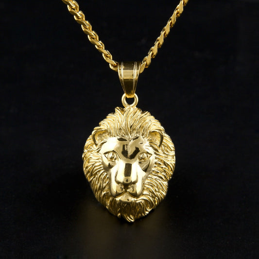 Gold Plated Stainless Steel Lion Head Pendant Necklace with 5mm Cuban Chain