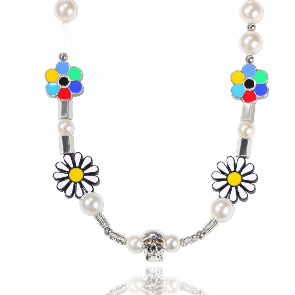 Unisex Pearl Daisy Skull Pendant Necklace – Trendy Statement Chain for Women & Men product image