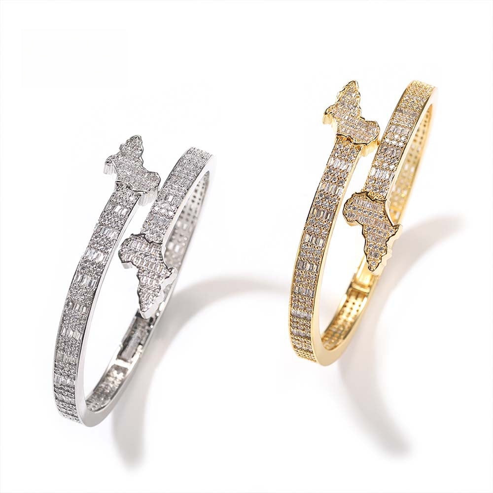 Cubic Zirconia Map Cuff Bracelet for Women - Gold Plated & Silver Plated Hip Hop Statement Bangle product image