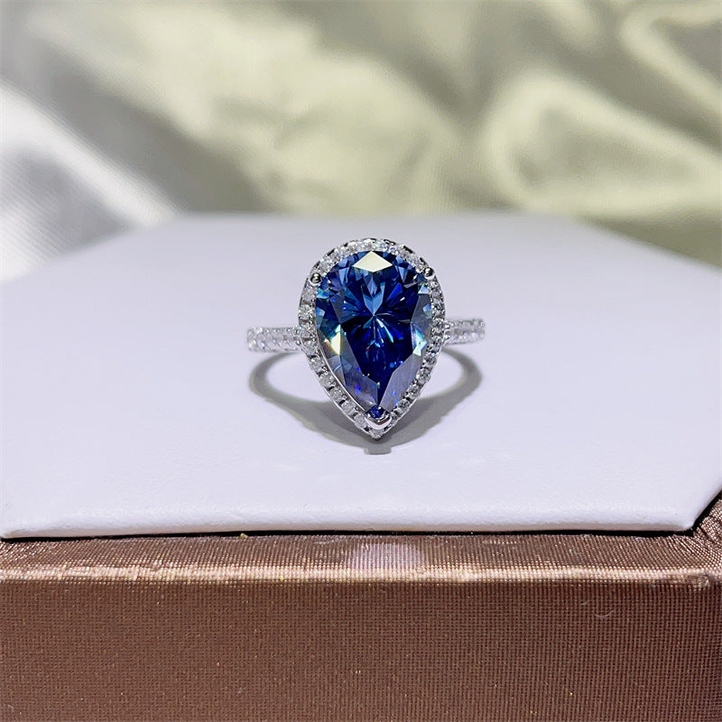 Blue Pear Cut Moissanite Halo Ring for Women, 1 Carat 2 Carat 5 Carat Engagement Ring product image
