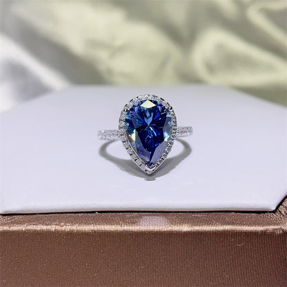 Blue Pear Cut Moissanite Halo Ring for Women, 1 Carat 2 Carat 5 Carat Engagement Ring