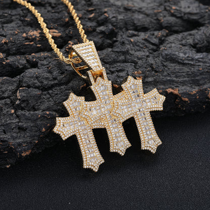 Triple Cross Pendant Necklace, 3MM Rope Chain, Zirconia Hip Hop Jewelry