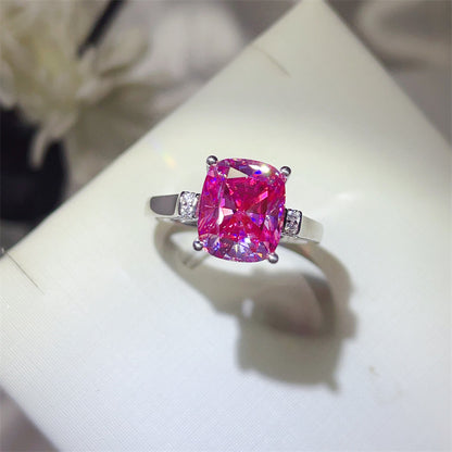 Pink Cushion Cut Moissanite Ring for Women, Geometric Halo Style Engagement Ring, 3 Carat or 5 Carat
