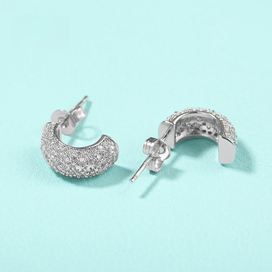 Unisex Cubic Zirconia Hoop Earrings in Gold, Silver & Rose Gold - Trendy Statement Line Design Stud Hoops