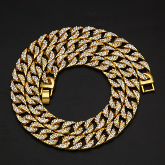 Iced Out Gold Plated Cuban Link Chain Necklace for Men & Women – Statement Rhinestone Hip Hop Pendant Chain
