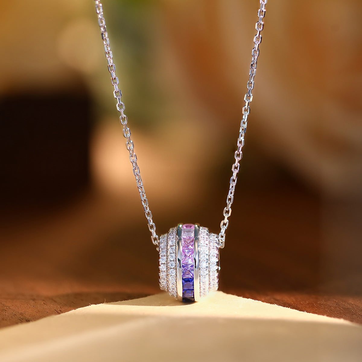 Lab-Grown Sapphire Circle Pendant Necklace, S925 Sterling Silver Rainbow Bezel Set Chain product image