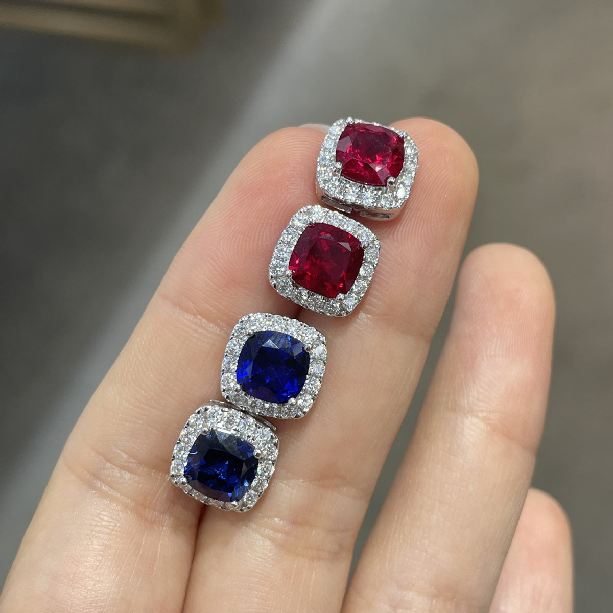 Square Halo Stud Earrings, Cushion Cut Colored Stone Ear Studs, Red and Blue Sparkle Earrings for Everyday Wear product image