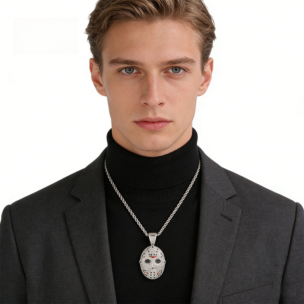 Silver Plated Mask Pendant Necklace with Cubic Zirconia, 24 Inch Twist Chain Statement Jewelry