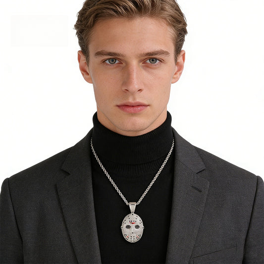 Silver Plated Mask Pendant Necklace with Cubic Zirconia, 24 Inch Twist Chain Statement Jewelry