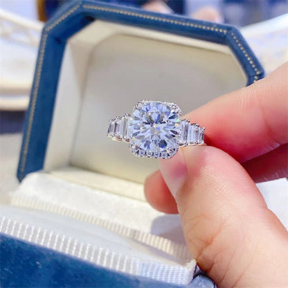 3 Carat Moissanite Halo Ring for Women, Cushion Shape Engagement Ring with Side Stones