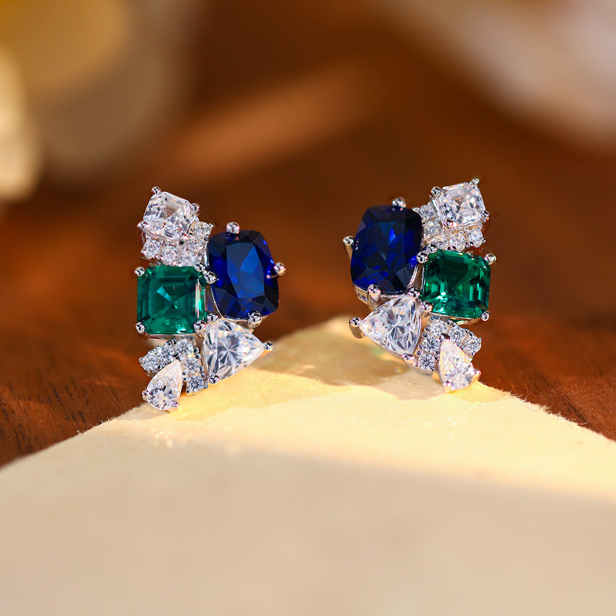 Green and Royal Blue Stone Stud Earrings for Women, S925 Silver, 18K Gold Plated product image