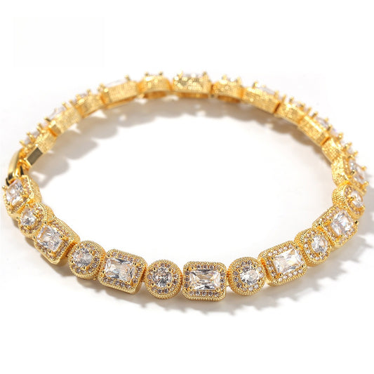 Unisex Hip Hop Cubic Zirconia Tennis Bracelet in Gold or Silver Tone - Round & Square Link Chain, 7 Inch / 8 Inch