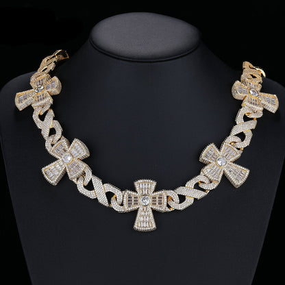 Cuban Link Cross Pendant Necklace, Iced-Out Hip Hop Chain for Men & Women