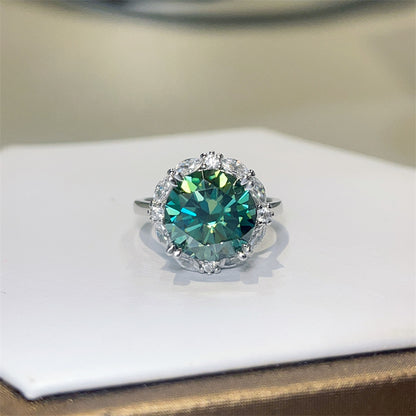 Green Moissanite Halo Ring for Women, Round Center Stone with Marquise Side Accent Design