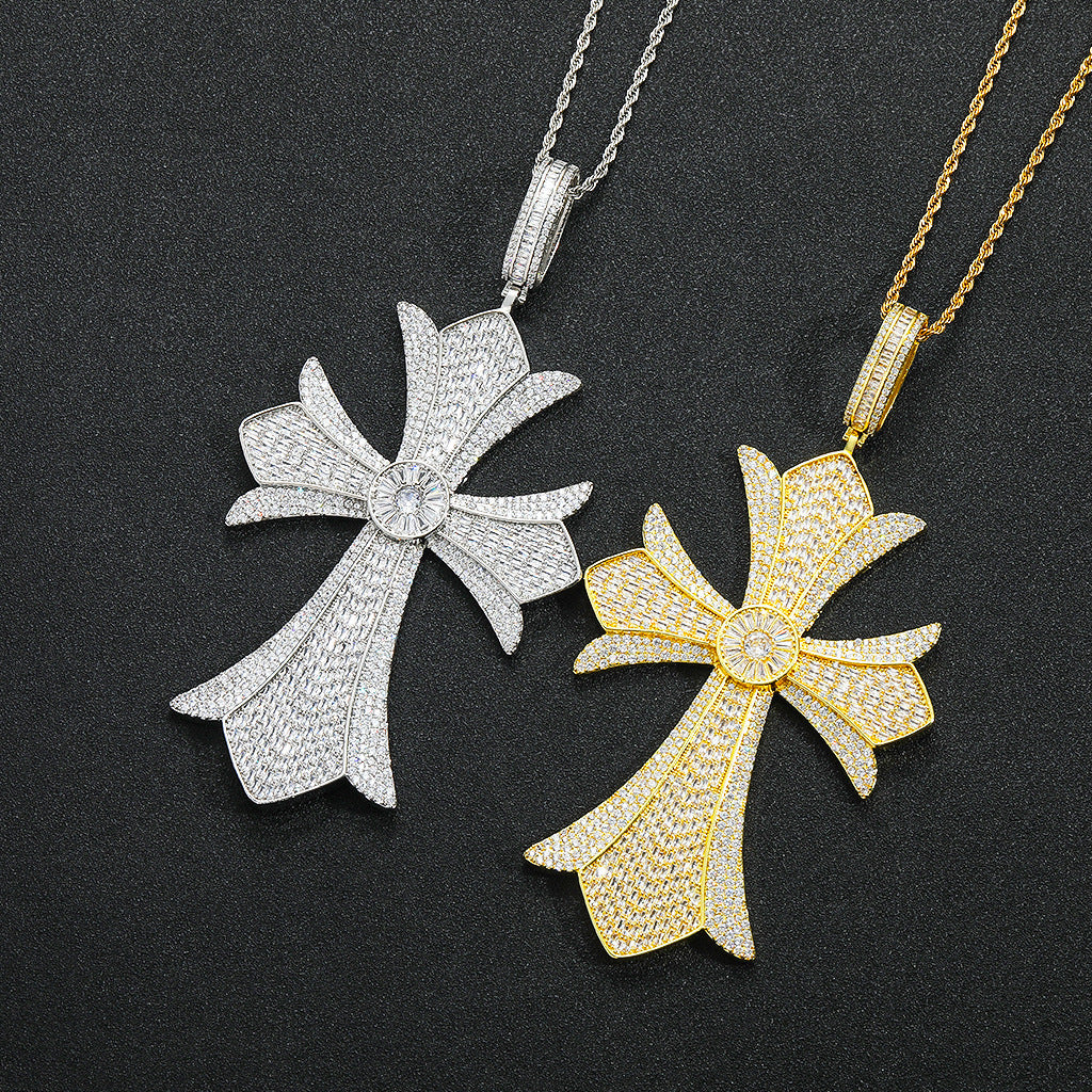 Hip Hop Vintage Cross Floral Copper Pendant Necklace for Men and Women