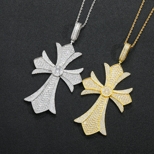 Hip Hop Vintage Cross Floral Copper Pendant Necklace for Men and Women