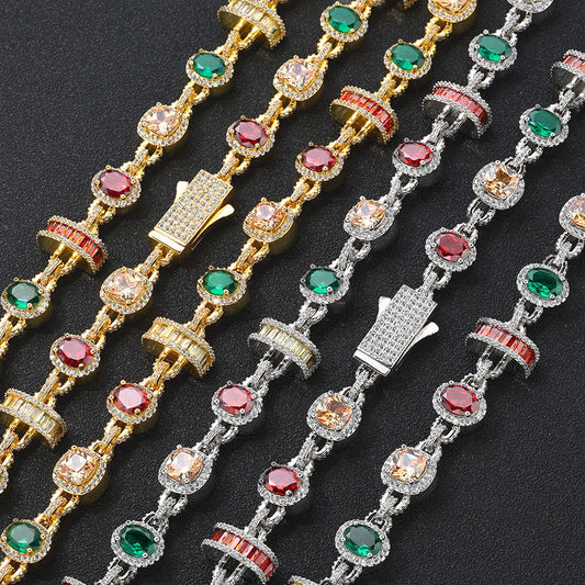 Mixed-Color Round and Oval CZ Link Hip Hop Necklace or Bracelet with Copper Base - CHA344 product image