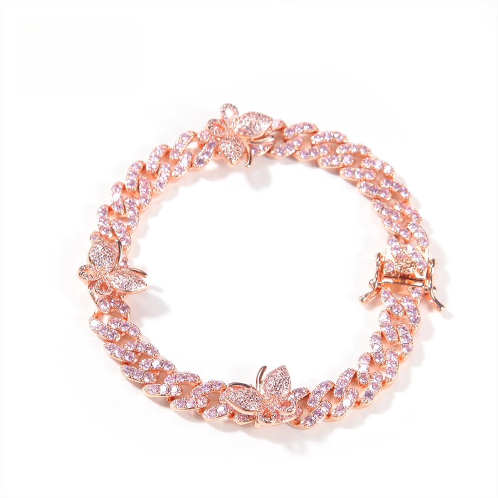 Butterfly Cuban Link Bracelet Anklet with Cubic Zirconia for Women & Men - Gold, Silver, Rose Gold Statement Chain Jewelry