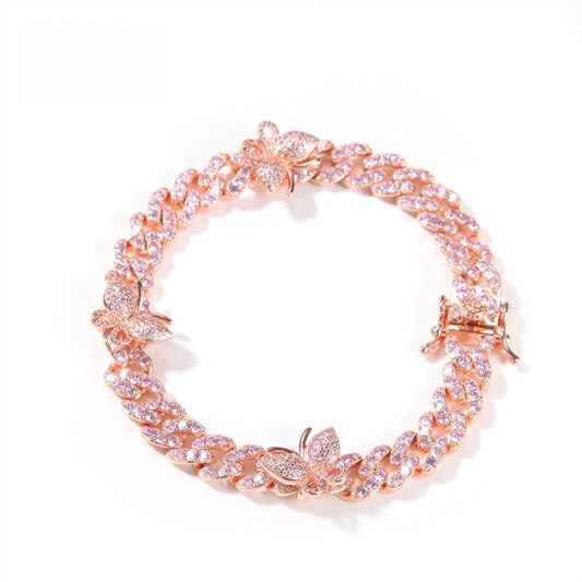Butterfly Cuban Link Bracelet Anklet with Cubic Zirconia for Women & Men - Gold, Silver, Rose Gold Statement Chain Jewelry