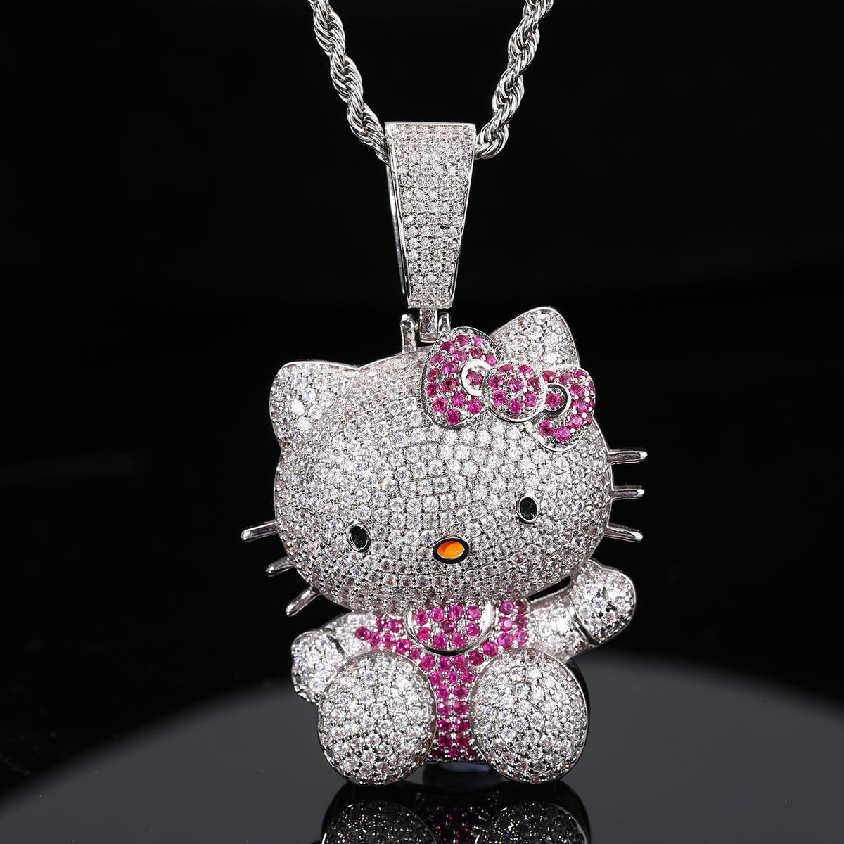 Iced Out Cartoon Cat Pendant Necklace with Cubic Zirconia in White Gold Tone product image