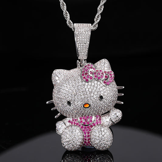 Iced Out Cartoon Cat Pendant Necklace with Cubic Zirconia in White Gold Tone product image