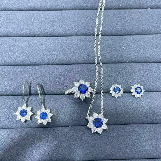 Blue Flower Jewelry Set with Sapphire-Look Stone, Floral Earrings Necklace Ring alternate product image